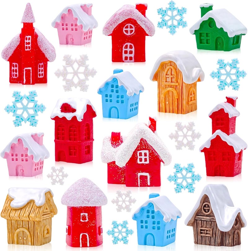 Feivando 30 Pcs Christmas Mini Village House Figurines with Snowflakes Tiny Little Winter House Miniature Figures for Holiday Crafts Garden Micro Landscape Home Table Decor - Image 1